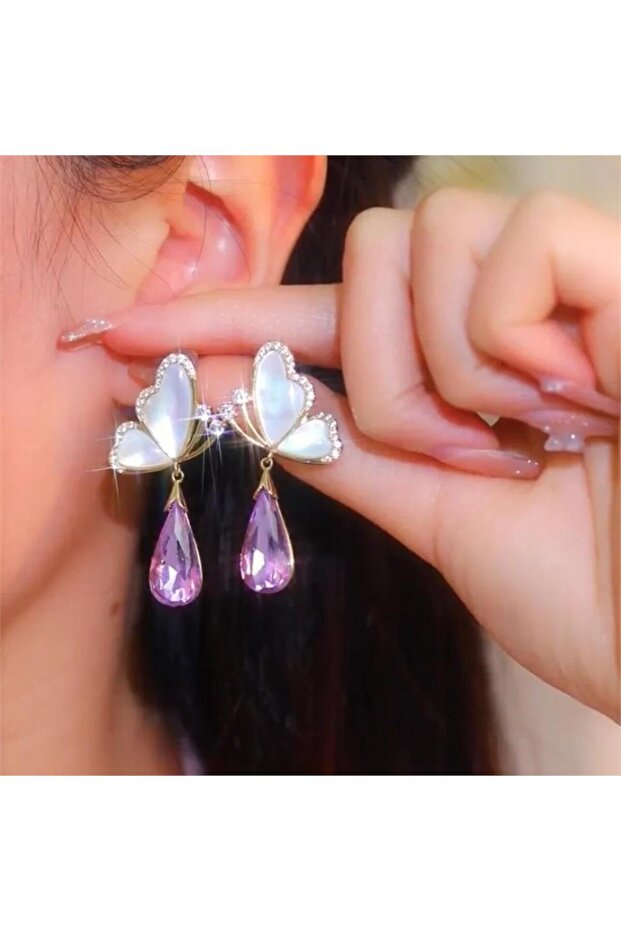 White Butterfly Patterned Earrings with Purple Drop Stones