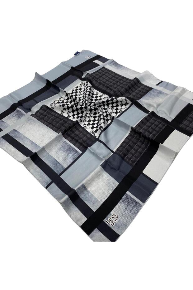 وشاح حريري منقوش هندسي رمادي 27626 - 1