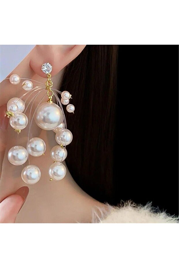 Transparent Fishing Line Pearl Fringed Earrings