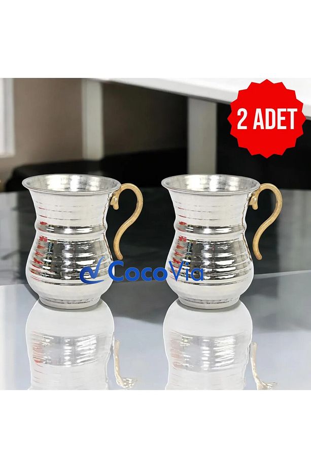 ( 2 ADET ) Bakır El Dövmesi Kulplu Ayran Su Meşrubat Bardağı 9.5 cm Gümüş Renk - 1