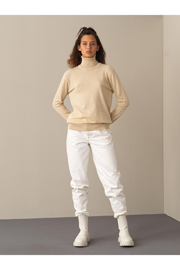 Kadın Bej Regular Fit Basic Kazak - 3