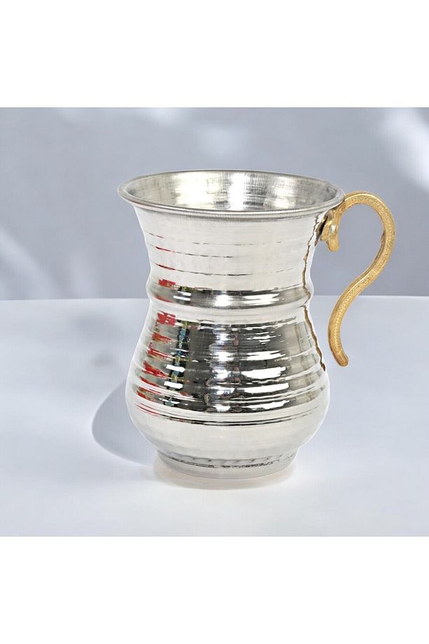 ( 2 ADET ) Bakır El Dövmesi Kulplu Ayran Su Meşrubat Bardağı 9.5 cm Gümüş Renk - 4