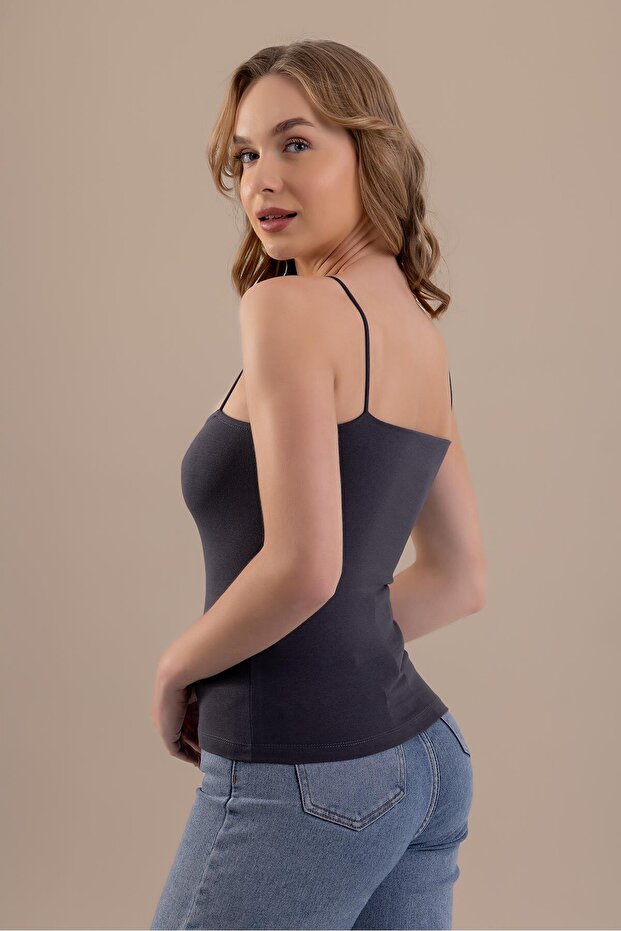 قميص داخلي نسائي أساسي من القطن بحزام رفيع من القطن ANTHRACITE - 3
