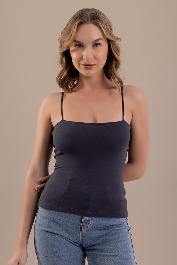 قميص داخلي نسائي أساسي من القطن بحزام رفيع من القطن ANTHRACITE - 1