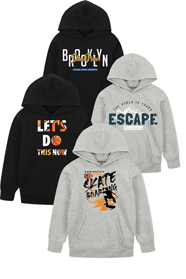 YA KO KİDS 4'lü Let's-Brooklyn-Skate-Escape Baskılı Erkek Çocuk Kanguru Cepli Kapüşonlu Sweatshirt