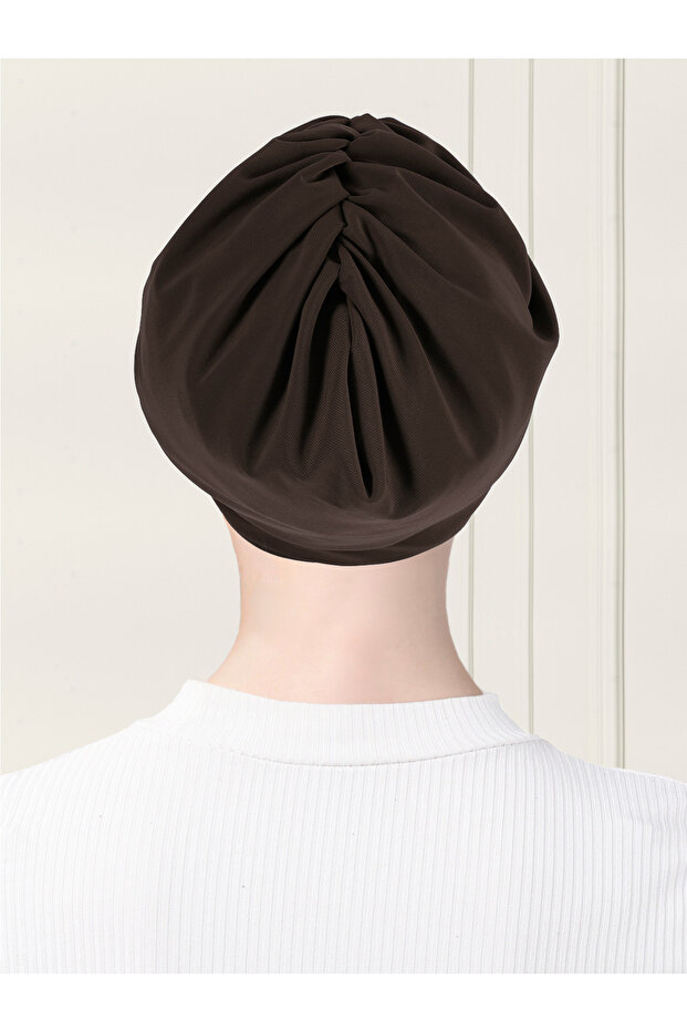 Plain Drawstring Practical Hijab Bonnet - Brown - 3