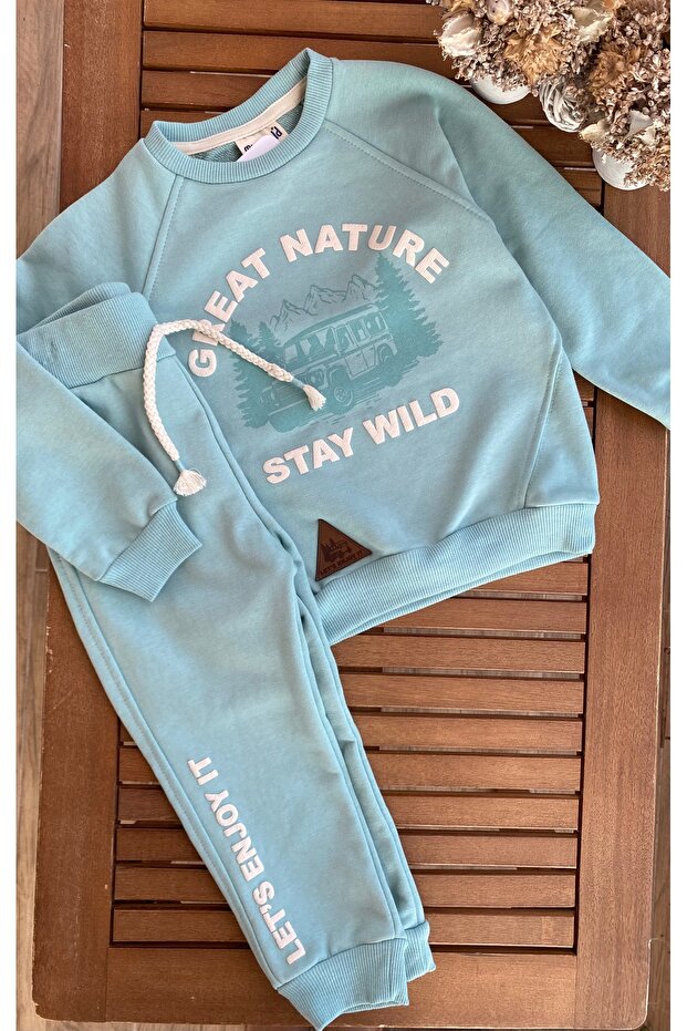 Mint Green Embossed Printed Non Raster Seasonal Cotton Boy's Tracksuit Suit