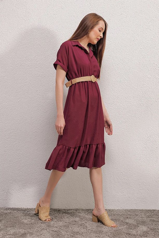 2292 Kemerli Elbise - Bordo - 2