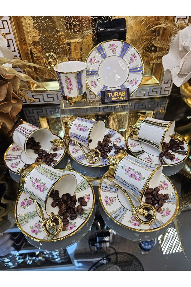 6 Kişilik Çiçekli Gold Desenli Ayaklı Kahve Fincan Takımı 90 ML - 4