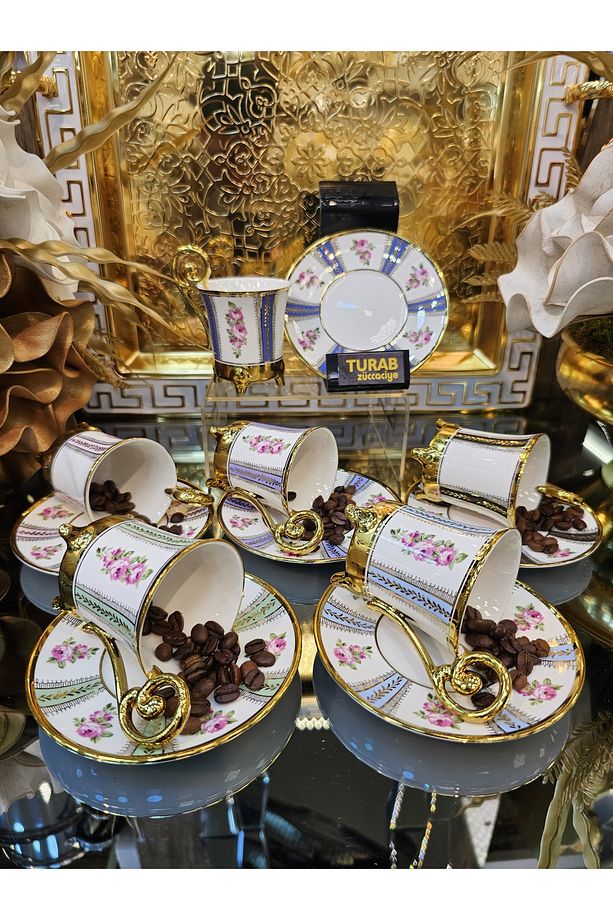 6 Kişilik Çiçekli Gold Desenli Ayaklı Kahve Fincan Takımı 90 ML - 3