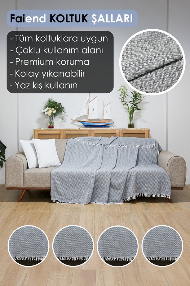 Koltuk Örtüsü 180 X 200 Cm Kanepe Çekyat Divan Berjer Örtüsü Pamuklu Yikanabilir Sade Şal - 2