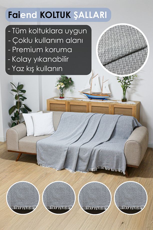 Koltuk Örtüsü 180 X 200 Cm Kanepe Çekyat Divan Berjer Örtüsü Pamuklu Yikanabilir Sade Şal - 5