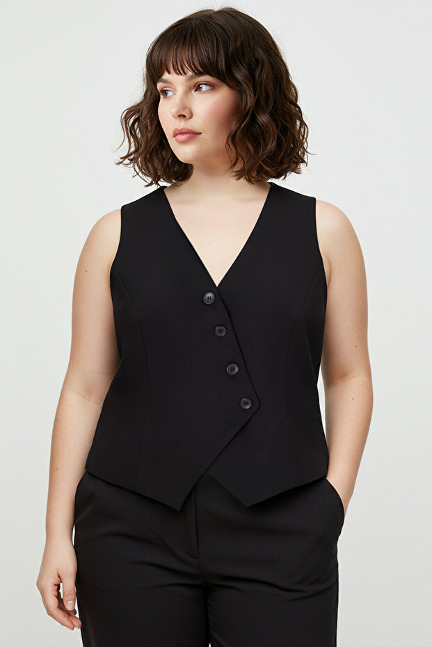 سترة سوداء عادية غير متناظرة مقاس كبير منسوجة TBBSS25BH00000 - 6