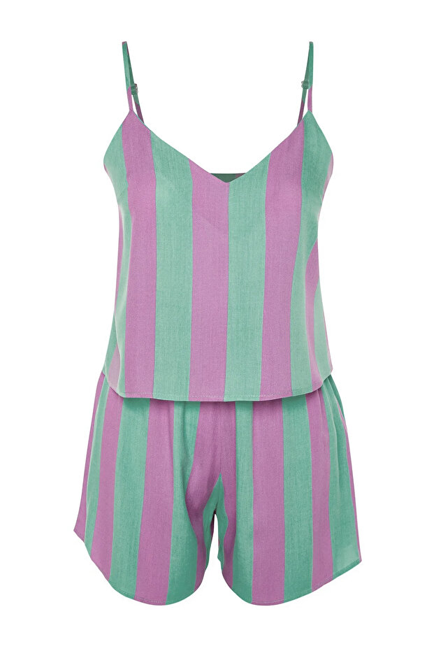 Çok Renkli Çizgili İp Askılı Viskon Şortlu Dokuma Pijama Takımı THMSS23PT00225 - 7