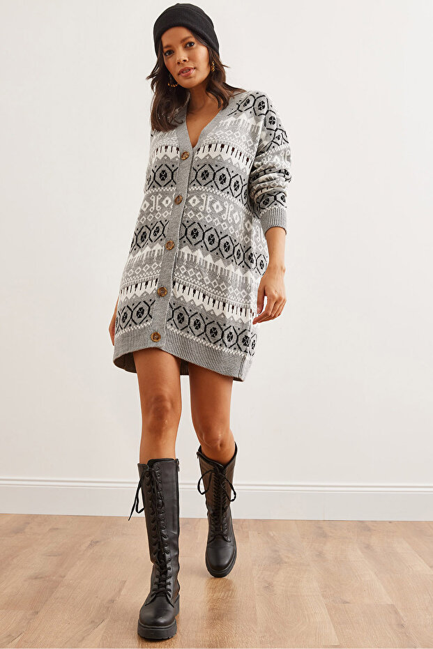 Women's Gray Ethnic Patterned Oversize Knitwear Cardigan Hrk- 19000300