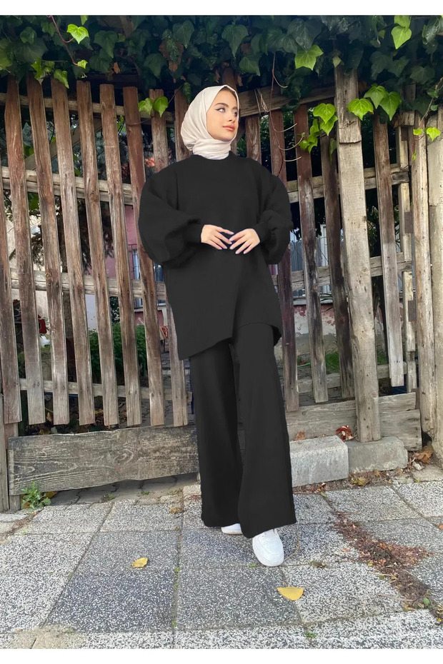 Women's Balloon Sleeve Knitwear Set Black Color