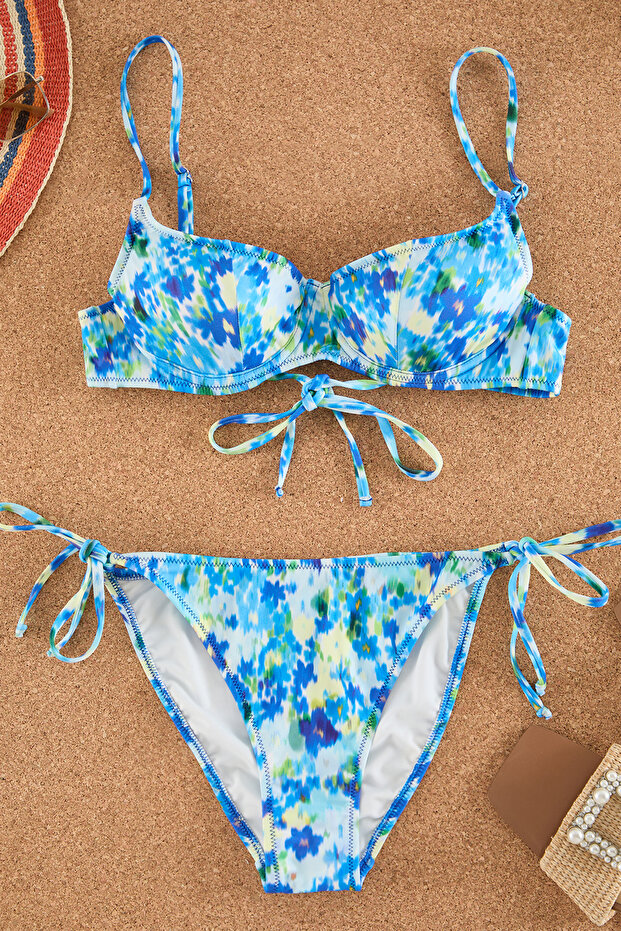 Çiçek Desenli Bağlamalı Balconette Kaplı Regular Normal Bel Bikini Takımı TBESS25BT00043 - 5