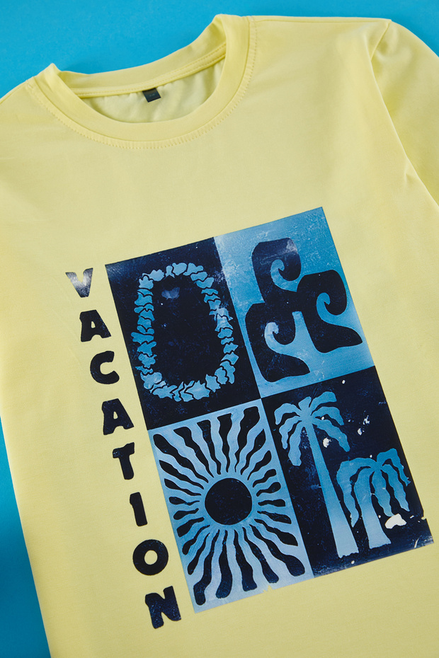 Sarı Erkek Çocuk PamukluSlogan Baskılı Regular/Normal Kalıp Kısa Kol Örme T-Shirt TKDSS25TS00058 - 2