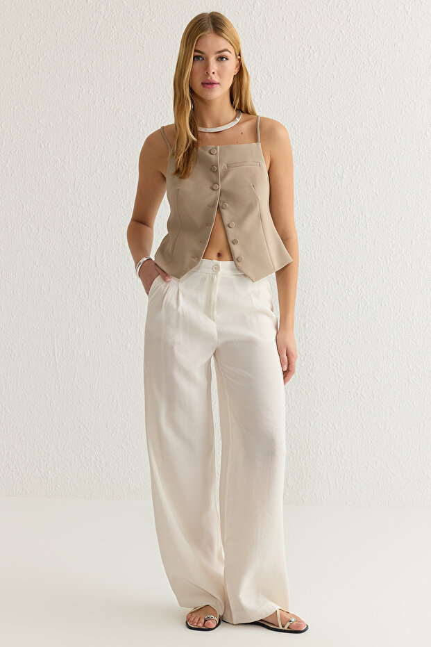 Bej Yumuşak Tuşeli Wide Leg/Geniş Paça Dokuma Pantolon TWOSS25PL00004 - 1