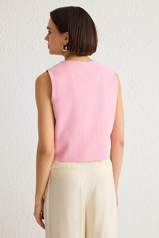 Açık Pembe Regular Çizgili Pamuk Keten Crop Dokuma Yelek TWOSS24YE00025 - 6
