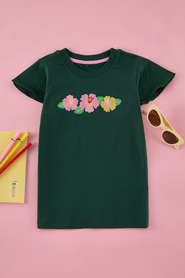 Zümrüt Yeşili Kız Çocuk %100 Pamuk Çiçekli Regular/Normal Kalıp Kısa Kol Örme T-Shirt TKDSS25TS00046 - 1