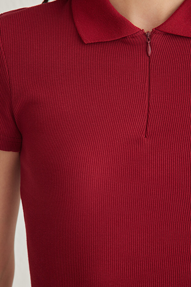 Bordo Fitted/Vücuda Oturan Polo Yaka Esnek Örme Bluz TWOSS25BZ00039 - 4