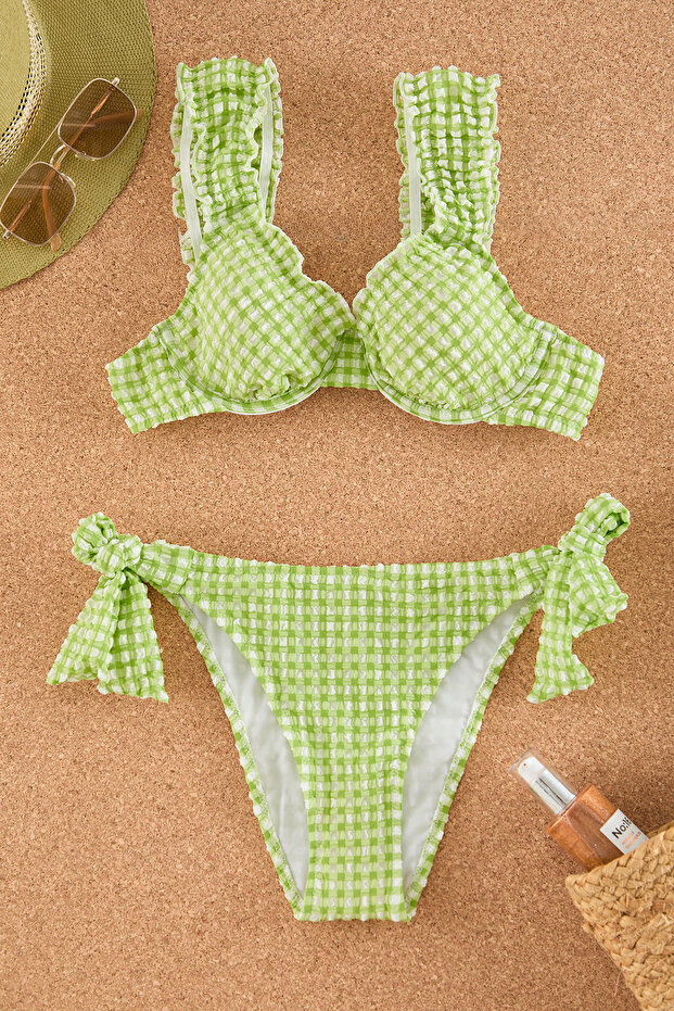 Ekose Desenli Fırfırlı Balconette Kaplı Brazilian Normal Bel Bikini Takımı TBESS25BT00035 - 6