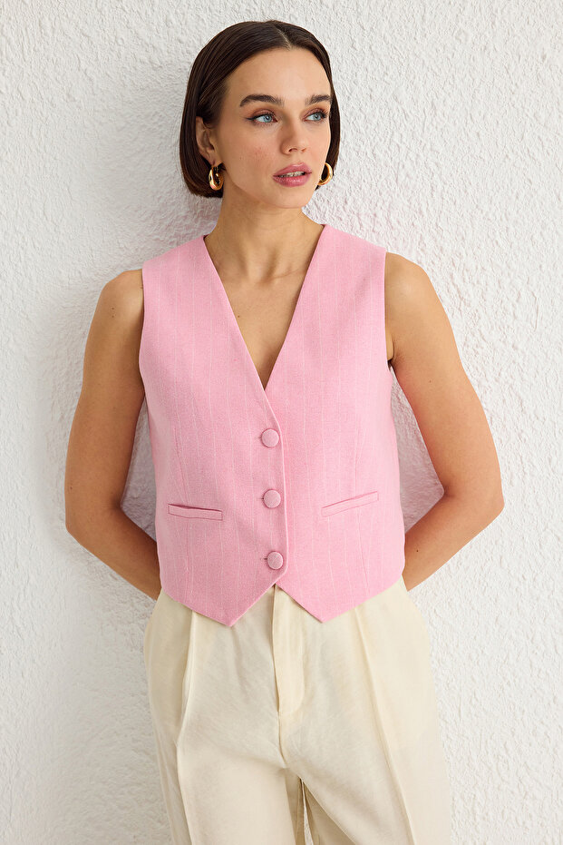 Açık Pembe Regular Çizgili Pamuk Keten Crop Dokuma Yelek TWOSS24YE00025 - 3