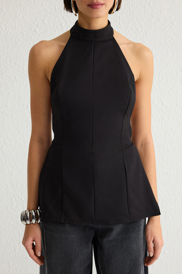 Siyah Sırt Dekolteli Halter Yaka Dokuma Bluz TWOSS25BZ00110 - 4