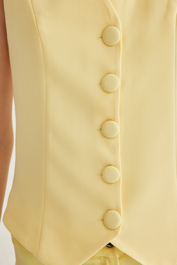 Sarı Fitted Düğmeli Crop Dokuma Yelek TWOSS21YE0009 - 4