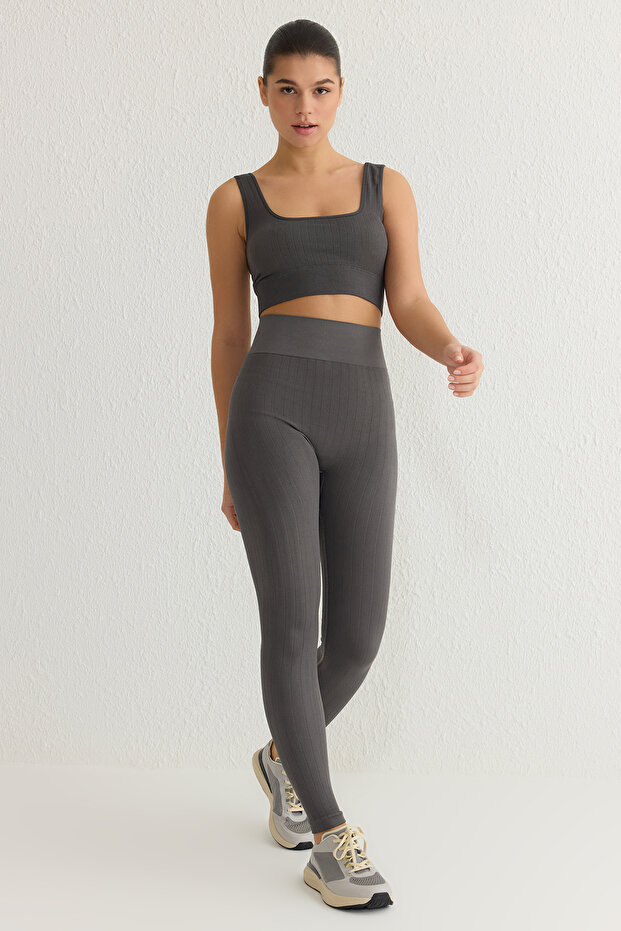 Koyu Antrasit Seamless/Dikişsiz Tam Boy Örme Spor Tayt THMSS25TY00000 - 2