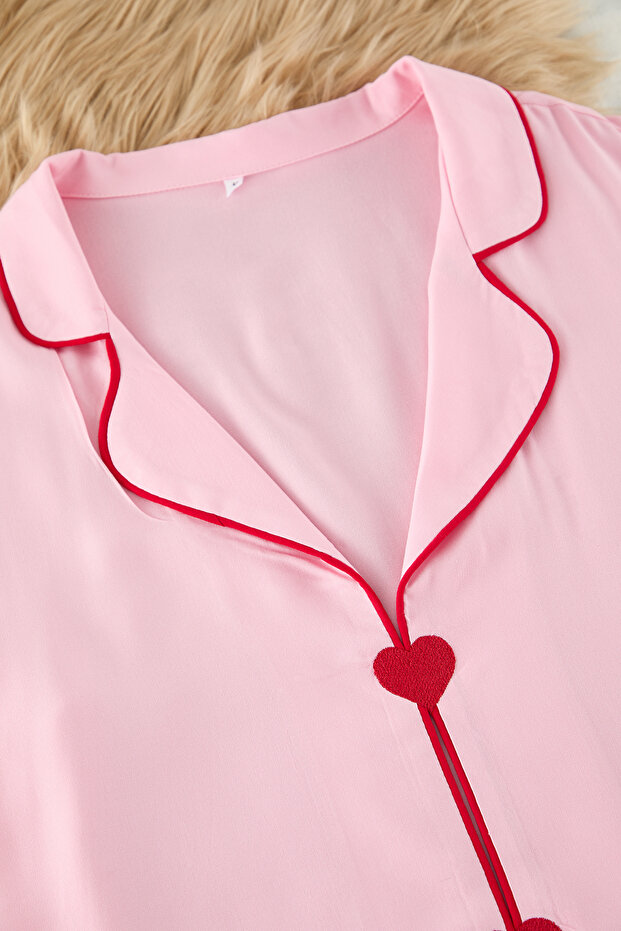 Pembe Kalp Nakışlı ve Biye Detaylı Viskon Dokuma Pijama Takımı TBBSS25AI00015 - 8