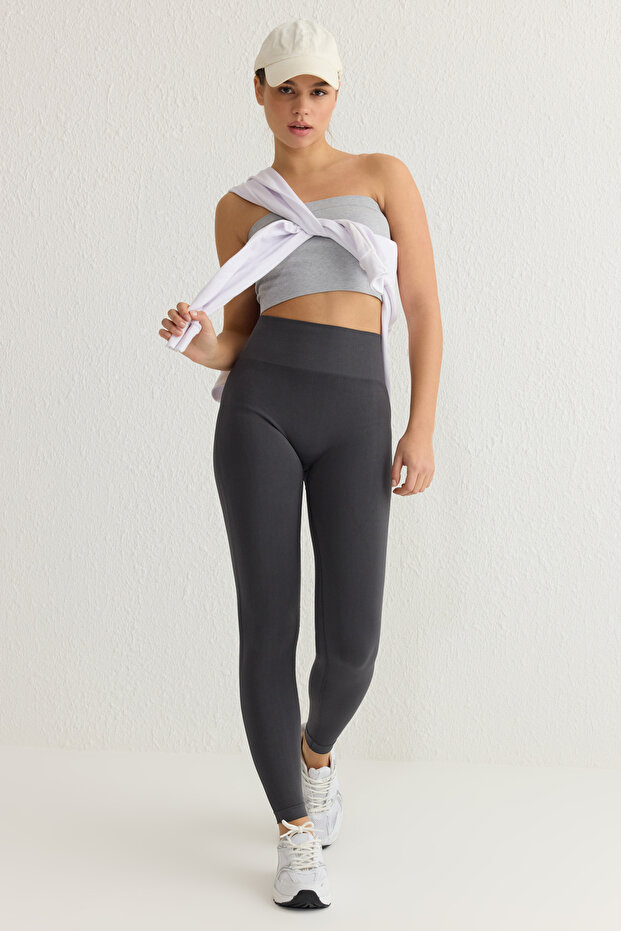 Antrasit Seamless/Dikişsiz Push Up Tam Boy Örme Spor Tayt THMAW25TY00003 - 2