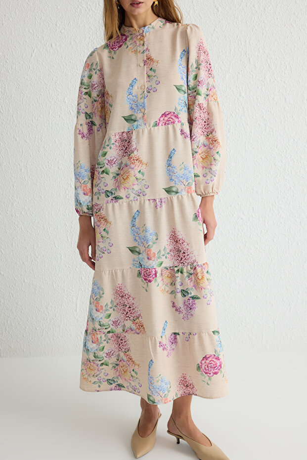 Pembe Çiçekli Dokuma Keten Görünümlü Elbise TCTSS25EB00034 - 4