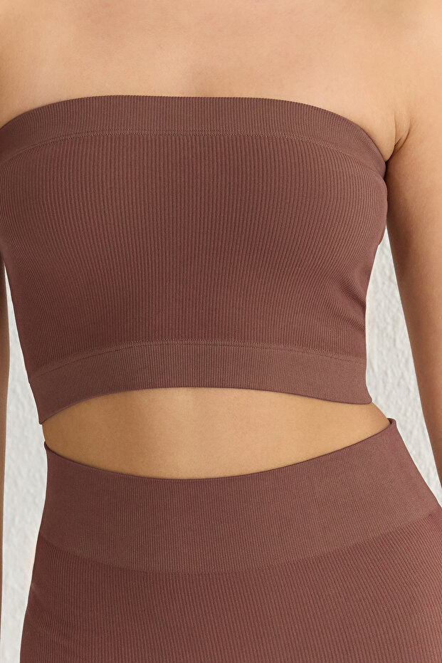 Taş-Kahverengi 2'li Paket Seamless/Dikişsiz Fitilli Straplez Örme Spor Sütyeni TWOSS21SS0061 - 4