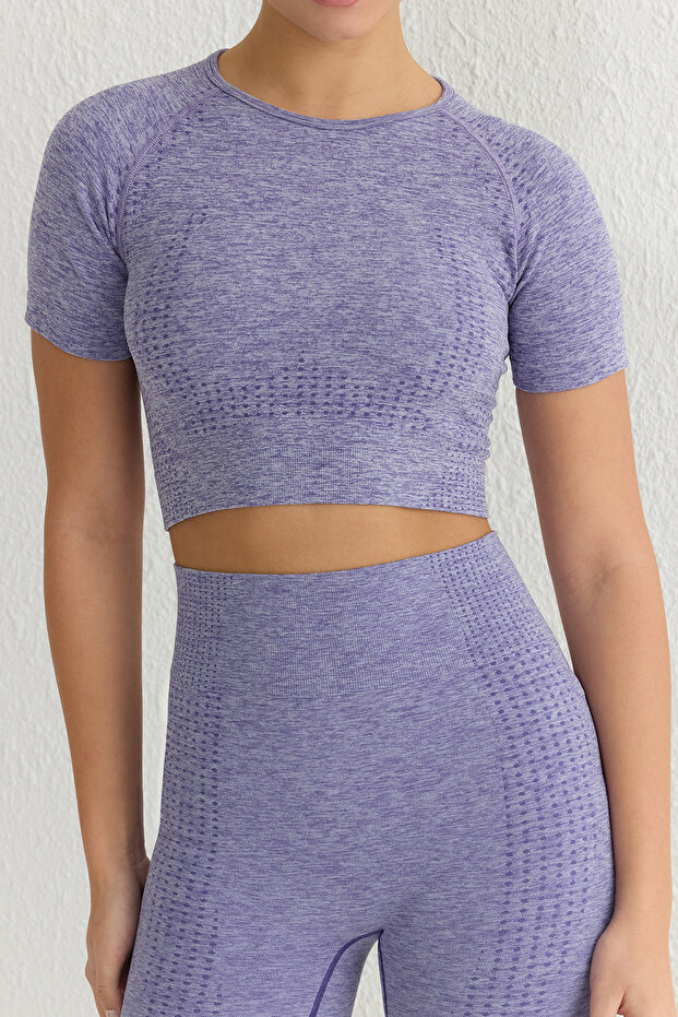 Lila Crop Seamless/Dikişsiz Bisiklet Yaka Örme Spor Üst/Bluz TWOSS21BZ1419 - 4