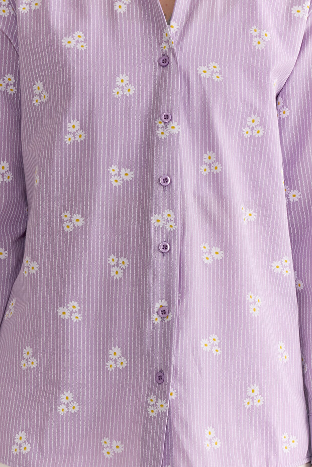 Lila Çizgili Çiçek Desenli Pamuklu Oversize Geniş Kalıp Dokuma Gömlek TWOSS23GO00373 - 3