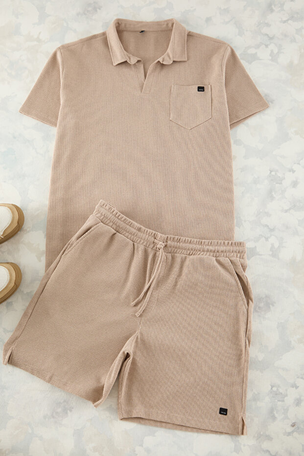 Camel Regular Kesim Dokulu Polo Yaka T-shirt-Şort Büyük Beden Eşofman Takımı TMNSS25TS00037 - 4