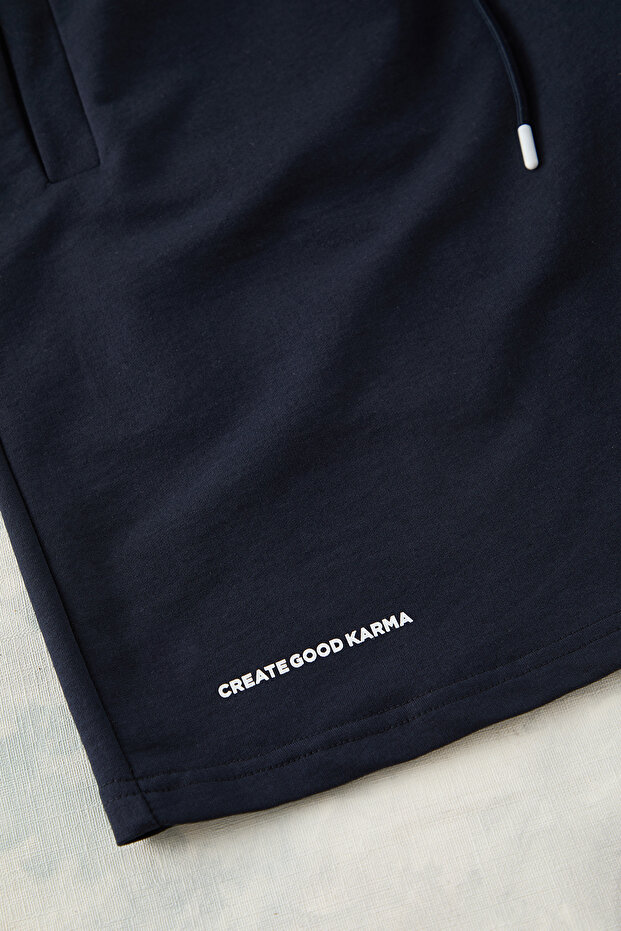 Lacivert Oversize/Geniş Kesim Bisiklet Yaka Yazı Baskı T-shirt-Şort Büyük Beden Eşofman Takımı - 4