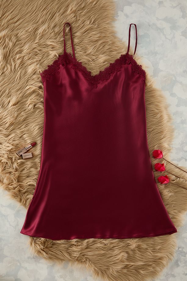 Bordo Dantelli Saten Dokuma Gecelik TBBSS24CH00016 - 2