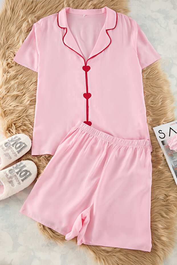 Pembe Kalp Nakışlı ve Biye Detaylı Viskon Dokuma Pijama Takımı TBBSS25AI00015 - 7