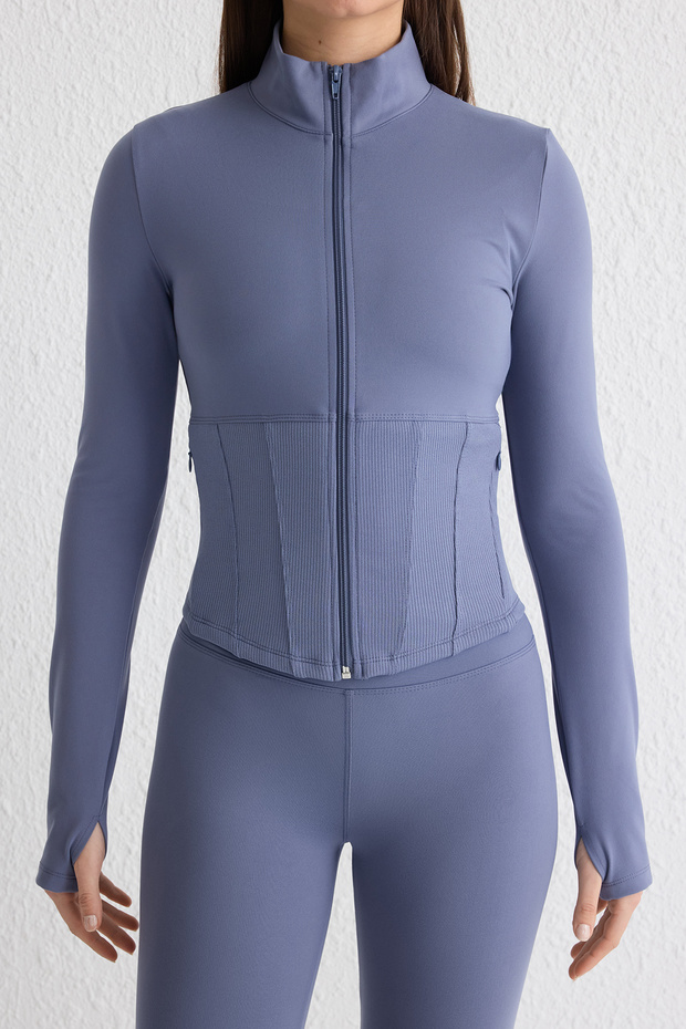 Indigo Fırçalı Soft Kumaş Baş Parmak Delikli Örme Spor Ceket/Sweatshirt THMAW25SK00001 - 4