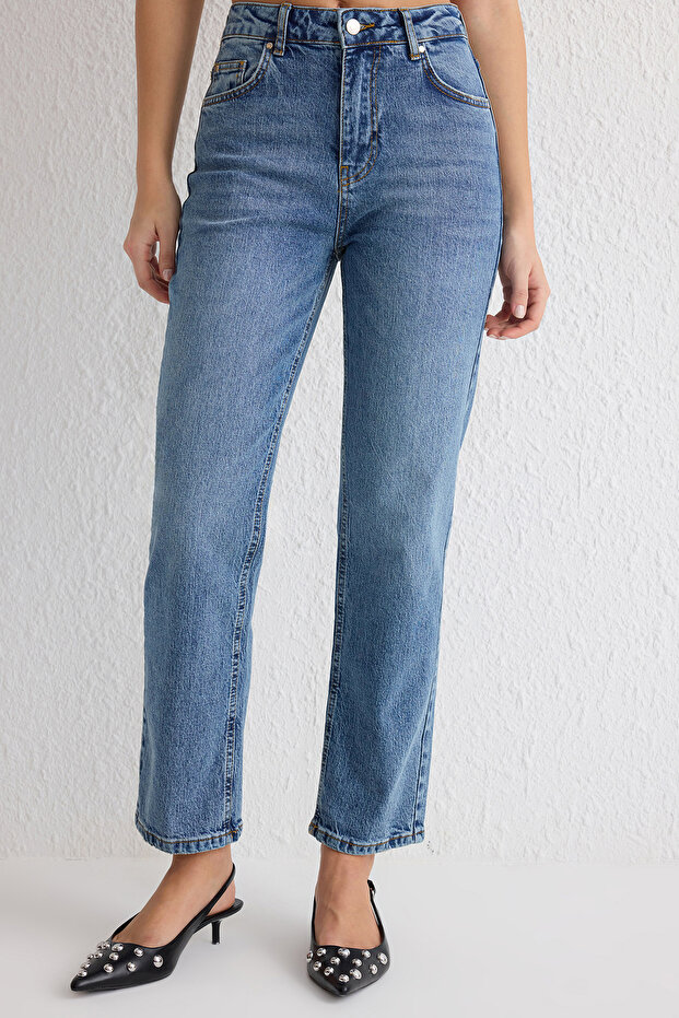 Mavi Yüksek Bel Düz Kesim Orta Esnek Straight Jeans TWOSS25JE00099 - 3