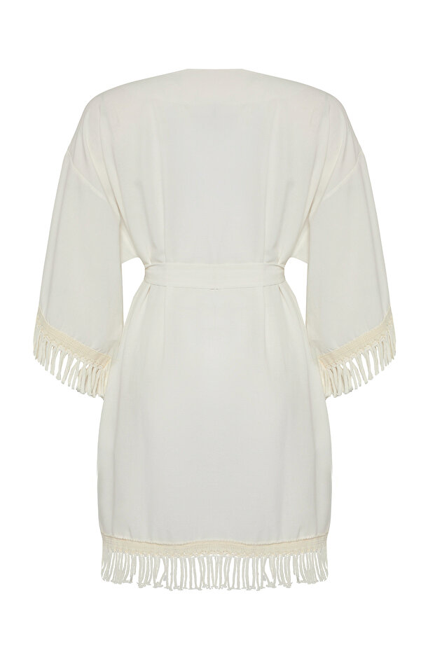 Ekru Dokuma Püskül Plaj Mini Kuşaklı Kimono&Kaftan TBESS25KM00001 - 7