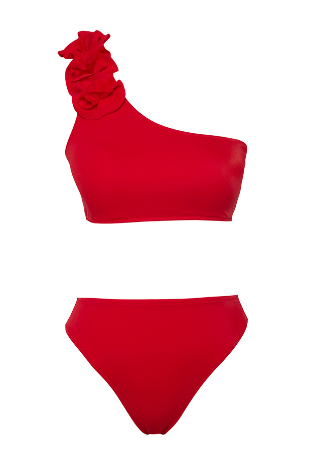 Kırmızı Aplike Detaylı Tek Omuz Kaplı Regular Yüksek Bel Bikini Takımı TBESS25BT00079 - 5