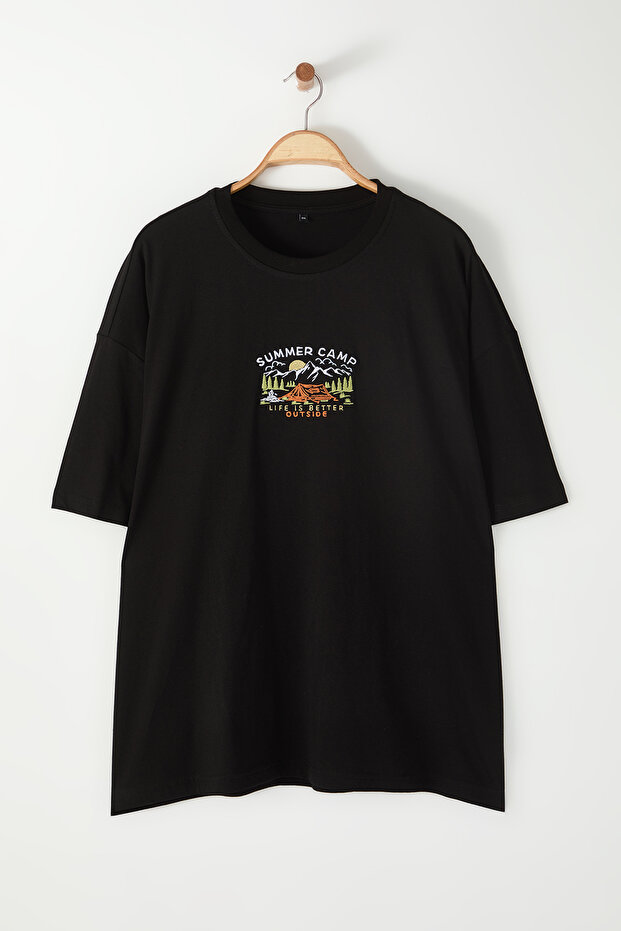 Siyah Bisiklet Yaka Oversize/Geniş Lesim Büyük Beden T-Shirt - 4
