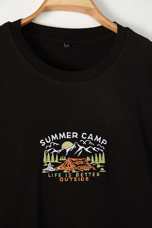 Siyah Bisiklet Yaka Oversize/Geniş Lesim Büyük Beden T-Shirt - 5