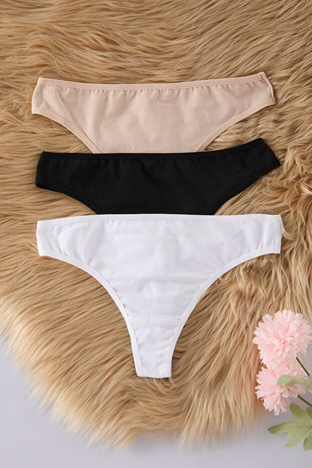 Siyah-Beyaz-Ten 3'lü Paket Pamuklu Tanga Örme Külot THMSS21KU0135 - 3