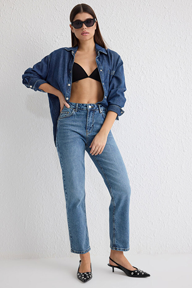 Mavi Yüksek Bel Düz Kesim Orta Esnek Straight Jeans TWOSS25JE00099 - 1