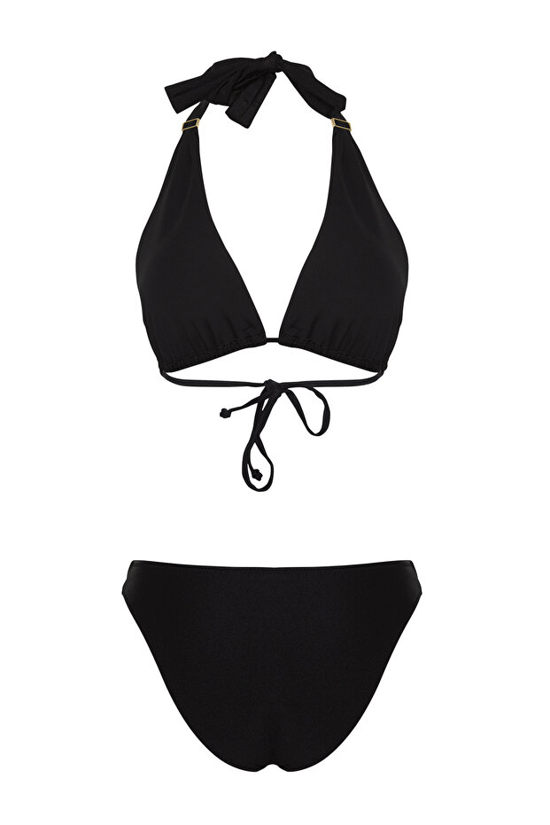 Siyah Aksesuarlı Üçgen Kaplı Regular Düşük Bel Bikini Takımı TBESS25BT00012 - 8